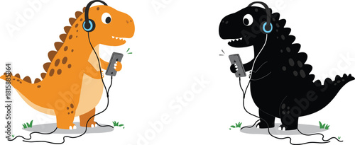 Cartoon dinosaurs, headphones, smartphones, listening, communication, technology, cute animals, prehistoric creatures, modern gadgets, fun illustration, kids, vector art