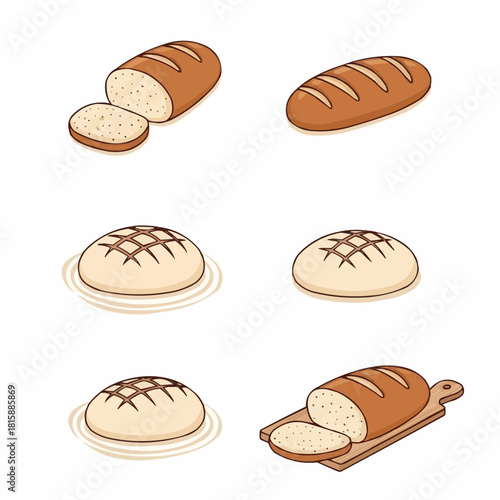 Various illustrations of different types of bread, whole and sliced, presented in a set.