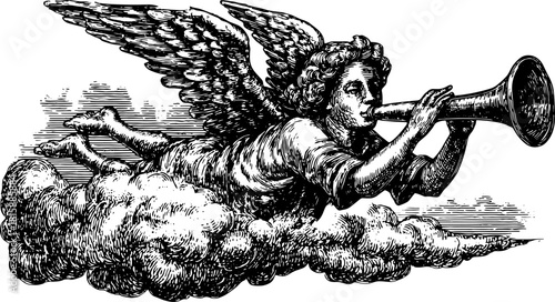 Angel playing a trumpet over a cloud in vintage style. This black and white vector illustration features ornate details and a decorative design.