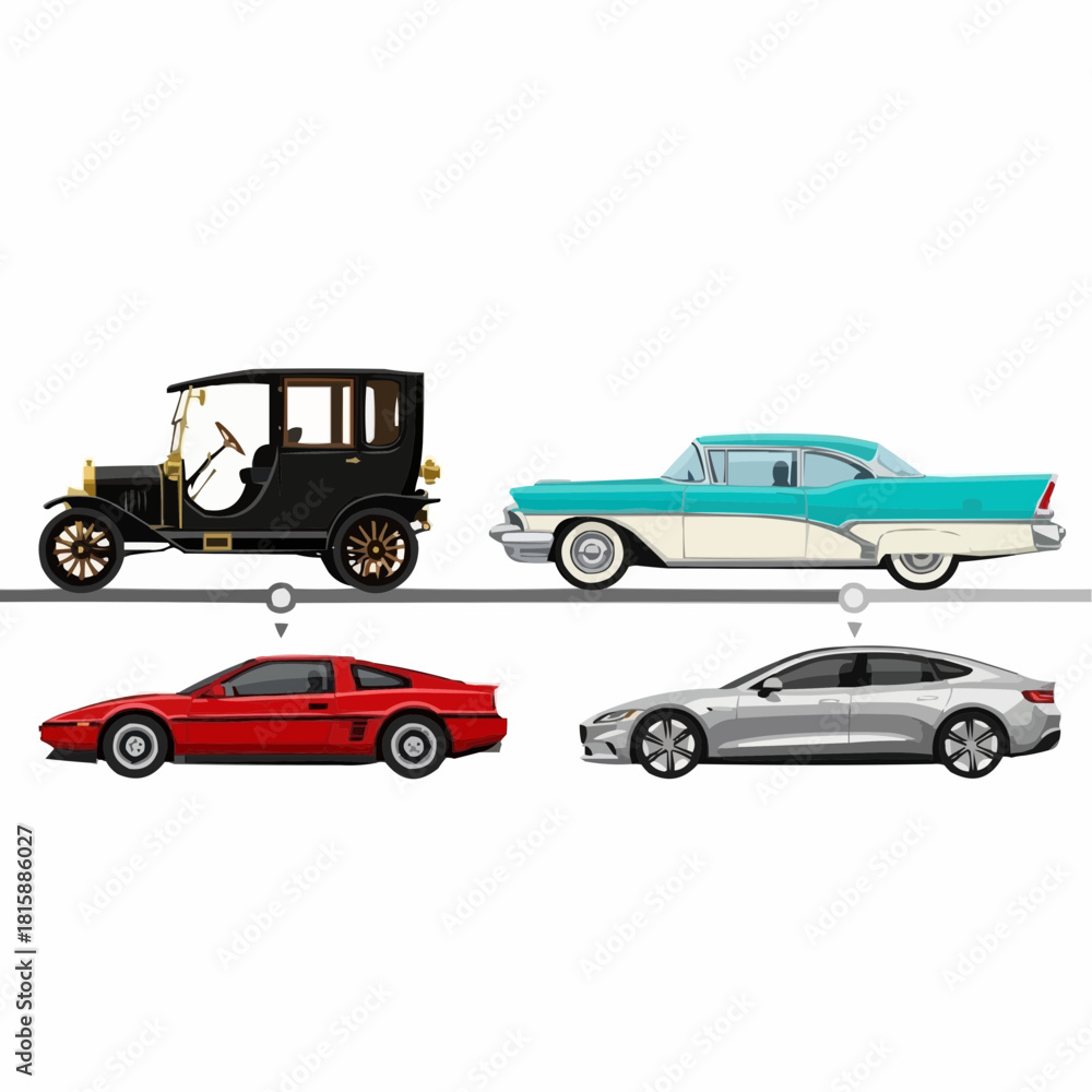 Fototapeta premium Four cars from different eras, connected by timeline, showcasing automotive evolution.