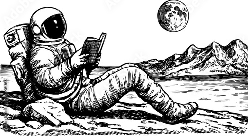 Astronaut reading a book on a lunar surface. Detailed black and white vector illustration featuring mountains and the moon.