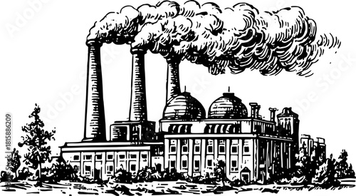 Factory building with smokestacks emitting smoke. An industrial vector illustration showcasing machinery and power generation in a monochrome style.