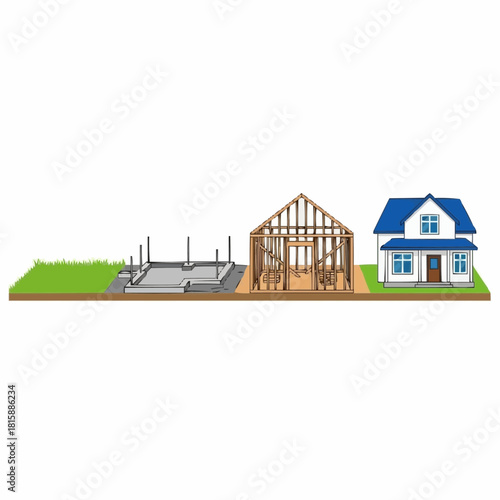 Illustration showing the stages of house construction, from foundation to completion.