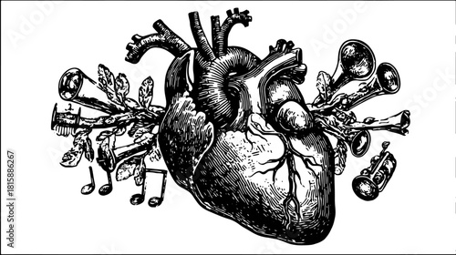 Heart anatomy with trumpets, music notes, and leaves in a handdrawn vintage style. Black and white surreal vector illustration.
