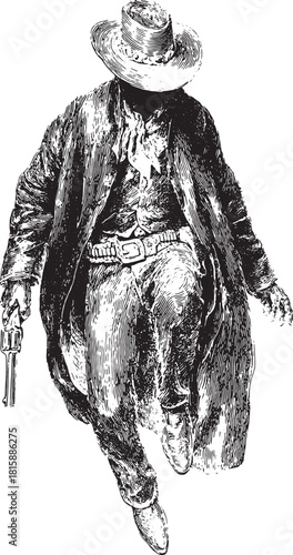 Cowboy in western attire with gun and hat. Vintage monochrome vector illustration with detailed engraving style.