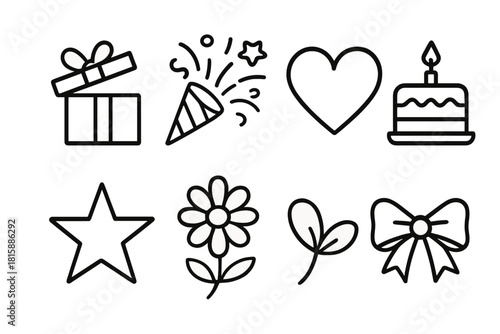 Surprise Icon Celebration. Surprise moment concept linear icon set: open present, confetti burst, cake, heart, candle, star, flower, bow