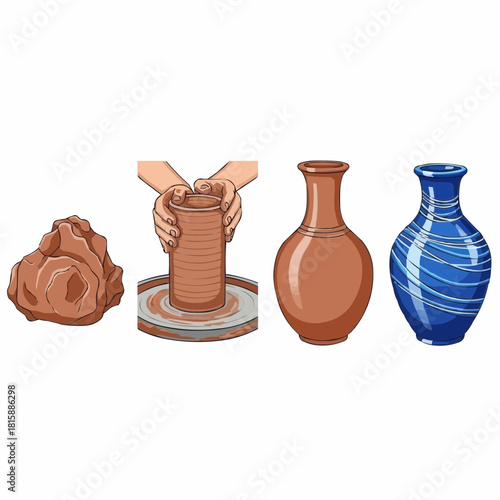 Process of pottery creation, from clay to finished ceramic vases.