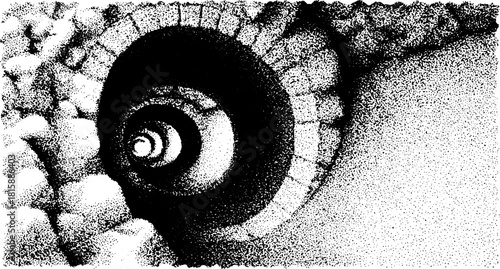 Spiral staircase vector illustration in black and white. Abstract graphic design featuring simple geometric shapes and smooth textures.