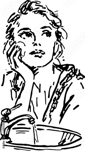 Thoughtful woman near a sink with a faucet. Black and white lineart vector illustration, conveying a minimalist artistic style.