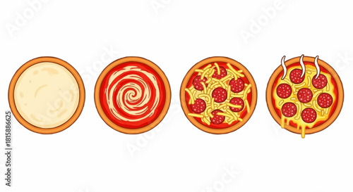 A series of pizza preparation stages, from base to fully topped, hot and ready.
