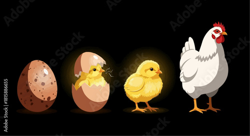 Illustration showing the life cycle of a chicken, from egg to chick to adult hen, against a dark background.