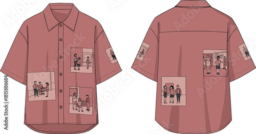 Cartoon patch shirt, illustrated fashion, playful garment, character design, streetwear style, quirky apparel, creative textile, front back view, summer wear