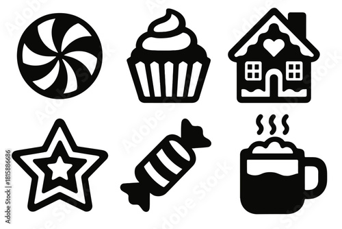 Sweet Treats Icons. Sweet Celebration silhouette icon set : peppermint candy, cupcake, gingerbread house, star cookie, candy twist, hot cocoa