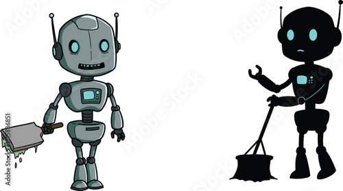 Cartoon robots cleaning with mop and dustpan, futuristic domestic helpers, AI technology, automation, teamwork, cute characters, teal accents, humor