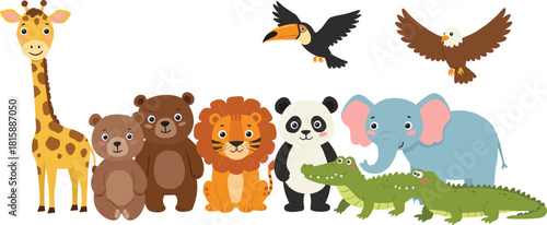 Cartoon wild animals, jungle creatures, safari wildlife, cute zoo illustration, educational animal lineup, kids poster, vector animal pack