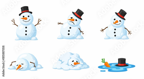 Six snowmen in various stages of melting, from cheerful to completely melted, isolated on a white background.