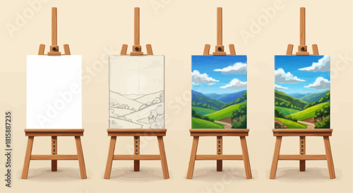 Four easels display a painting's progression, from blank canvas to sketch, then color, and finally a finished landscape scene.