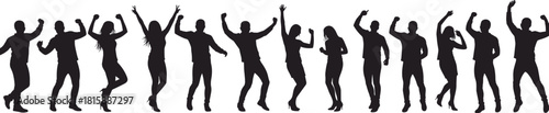 Celebration silhouettes, dancing people, joyful movement, raised arms, expressive poses, unity, energy, black figures, white background, vector art, party scene, dynamic motion, happy crowd