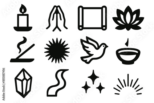Sacred Icon Set. Sacred Moments Set silhouette icon set: candlelight, folded hands, open scroll, lotus bloom, incense smoke, sunburst, dove, crystal stone, flowing ribbon, blessing