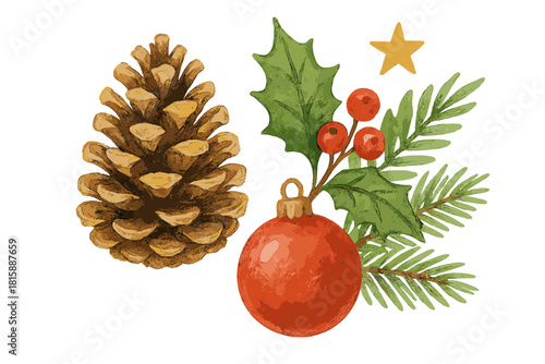 Rustic Pinecone Elegance. Pinecone, detailed with delicate watercolor strokes, sits naturally next to the festive elements. It adds a touch of rustic charm and. Vector illustration