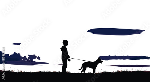 Child walking dog silhouette, dramatic sky, peaceful moment, grassy field, emotional bond, sunset 