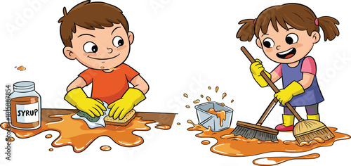 Children cleaning sticky syrup mess, teamwork, household chores, kids helping, cleaning tools, spilled syrup, hygiene, responsibility, mop, broom, gloves