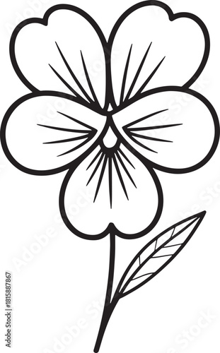 Delicate pansy flower with detailed veins and leaf line art illustration