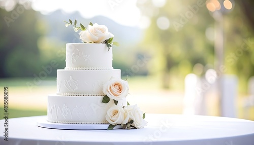 Elegant White Wedding Cake with Floral Decorations on Outdoor Table.