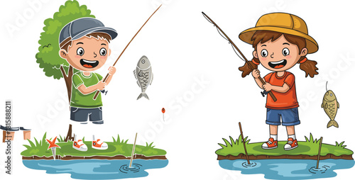 Children fishing, outdoor activity, summer fun, boy and girl, nature scene, happy kids, freshwater fish, family bonding, playful moment, countryside