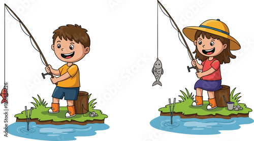 Children fishing, outdoor activity, summer fun, boy and girl, nature scene, playful moment, kids adventure, pond, fish, colorful illustration