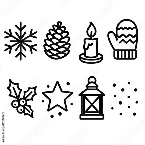 Winter Charm Icons. Winter charm linear icon set : snow crystal, pinecone, candle flame, knitted mitten, holly branch, frosty star, cozy lantern, snow dust