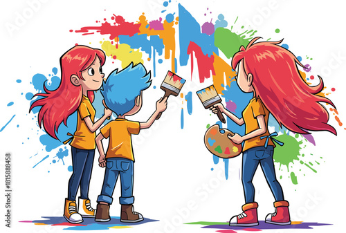 Children painting mural, teamwork, creativity, art education, colorful wall, kids collaboration, artistic expression, school activity, vibrant colors, joyful learning