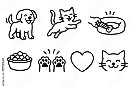 Joyful Pet Icons. Joyful Pet Moments linear icon set: wagging dog, jumping cat, playful tug toy, cozy nap spot, treat bowl, cuddly paws, joyful heart, smiling whiskers