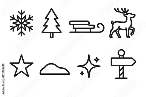 North Pole Icon Set. North Pole linear icon set : snowflake, pine tree, sled, reindeer, star, snow drift, sparkle, signpost
