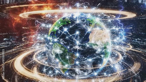 Earth surrounded by digital data streams and energy fields in space