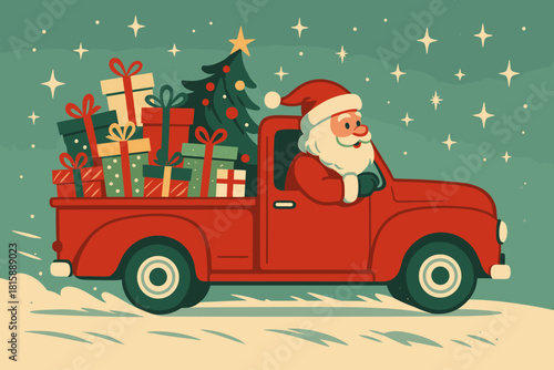Santa's Festive Journey. Vintage red truck filled with colorful Christmas gifts and a decorated tree, driven by Santa. The truck moves across a snowy landscape,. Vector illustration