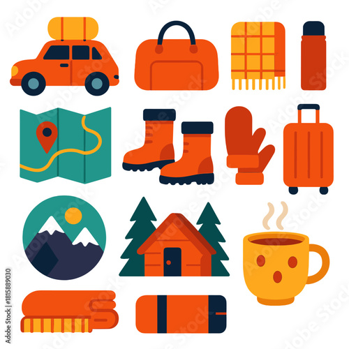 Cozy Travel Essentials. Cozy Journey flat icon set : packed car, travel bag, wool blanket, thermos, road map, snow boots, mittens, suitcase, hot cocoa, mountain view, cozy cabin