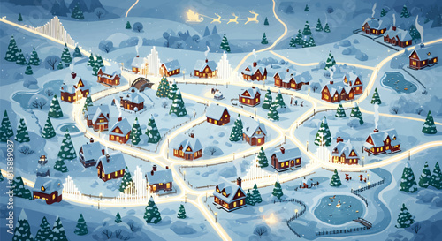 Charming illustration of a festive winter village, blanketed in snow with glowing houses, evergreen trees, and Santa's sleigh flying under a starry night sky