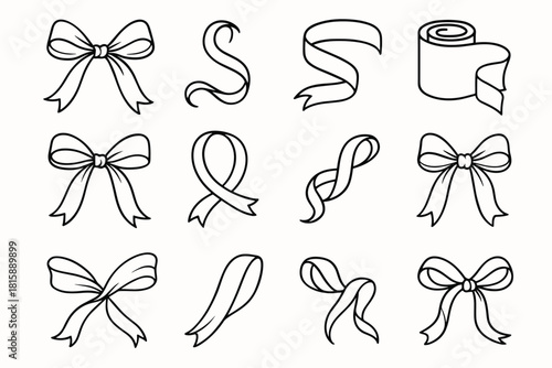 Elegant Satin Ribbons. Satin Ribbons linear icon set: elegant bow, curling satin, ribbon tail, folded strand, silk roll, glossy wrap, knotted bow, looped ribbon, twisted strand