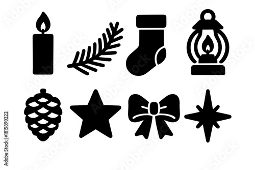 Brutalist Winter Icons. Cozy mantle silhouette icon set : candle, pine garland, stocking, lantern, pinecone, star, ribbon bow, sparkle
