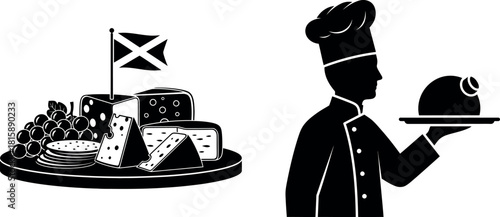 Chef serving scottish cheese platter with flag silhouette illustration