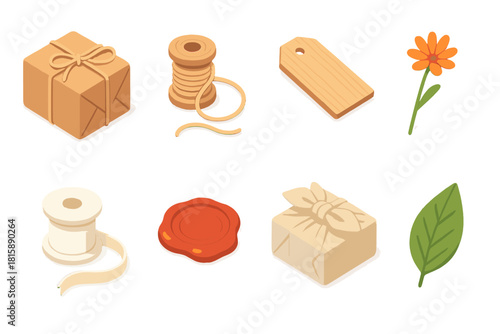 Natural Gift Icons. Natural Gift Boxes flat icon set: brown paper box, jute string, wooden tag, dried flower, cotton ribbon, wax seal, linen wrap, plant leaf
