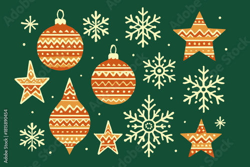 Retro Christmas Icons. Set of stylized Christmas icons including snowflakes, stars, and baubles. Each icon is intricately patterned with zigzags, stripes, and dots,. Vector illustration