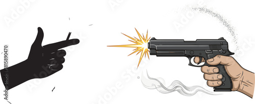Contrast of Stylized Finger Gun Gesture and Firing Pistol Illustration
