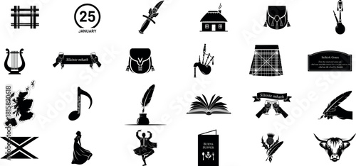 Collection of black and white silhouette icons representing various objects and concepts