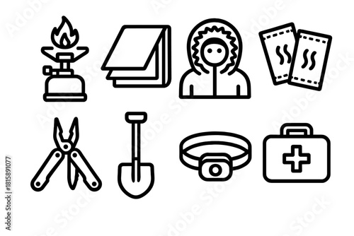 Winter Survival Icons. Winter Survival Essentials linear icon set: camp stove, emergency blanket, parka hood with fur trim, hand warmers, multitool, snow shovel, headlamp, first