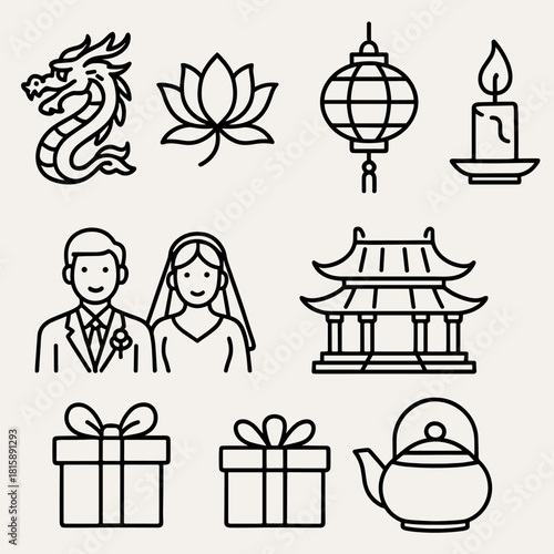 Festive Ceremony Icons. Festive ceremony concept linear icon set: dragon, lotus, lantern, candle, wedding couple, temple, gift box, tea pot , harmonious elegant outline style