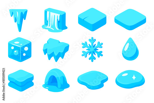 Isometric Ice Icon Set. Ice Formations flat icon set: icicle, frozen waterfall, cracked ice, smooth sheet, trapped bubbles, jagged edge, frost crystal, melting drop, refrozen layer