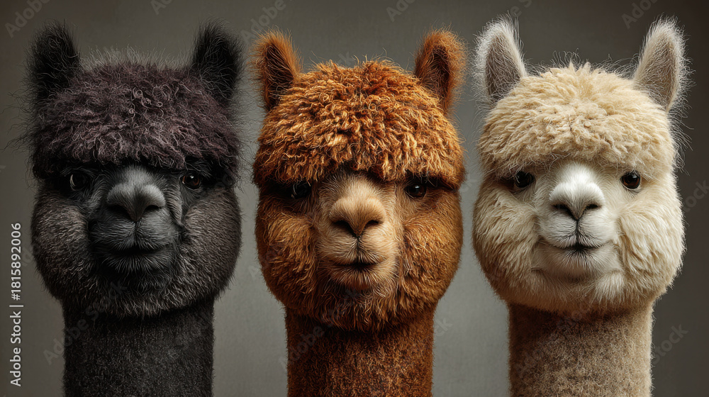 Obraz premium Drei Alpakas mit flauschigem Fell vor neutralem Hintergrund