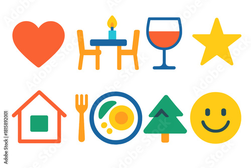 Dinner Party Icons. Joyful gathering flat icon set : heart, dinner table, candlelight, home, wine glass, star, plate with food, smile icon